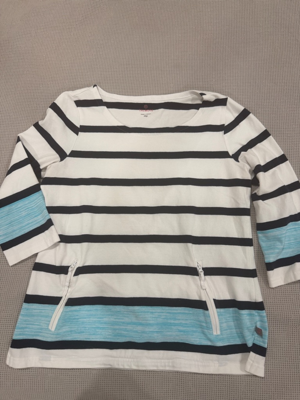 Talbots White, Black & Light Blue Striped Scoop Neck Tunic
